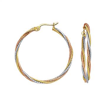 Three-tone gold rope hoop earrings in 14K yellow, white and rose gold at B2C Jewels.