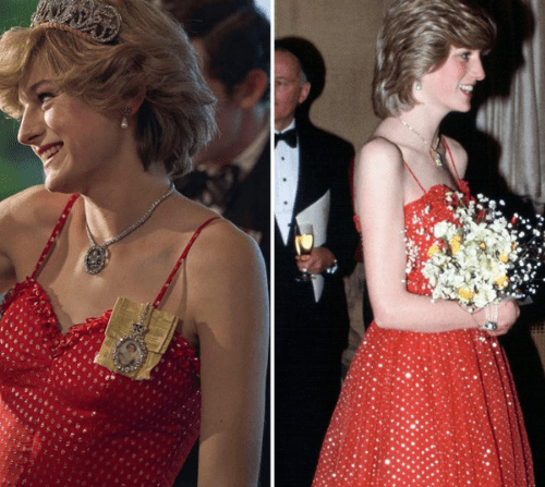 The Jewels of Diana, Princess of Wales as seen on The Crown. blond woman in red dress with flashy diamond necklace