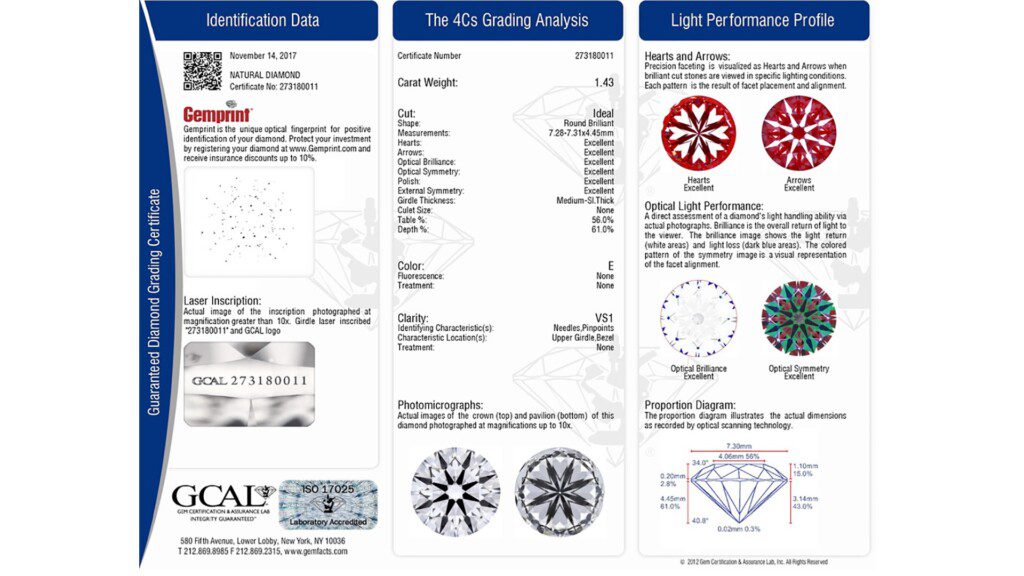 GCAL Guaranteed Diamond Grading Certificate