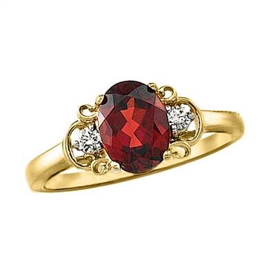 A genuine Mozambique red garnet and diamond ring set in 14K yellow gold at B2C Jewels.