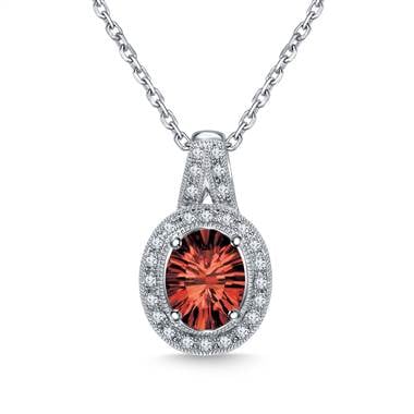 A red garnet diamond halo gemstone pendant necklace set in 14K white gold at B2C Jewels.