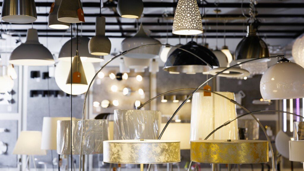 Picture Of Different Modern Lamp With Lights In The Designer Furniture Store.