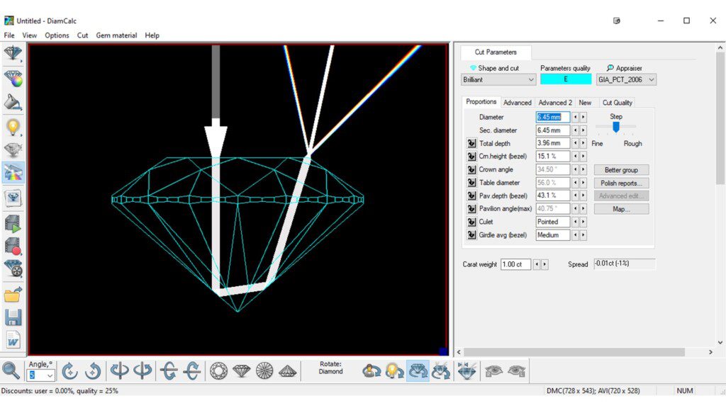 DiamCalc Proportions Input And Ray-Tracing Example