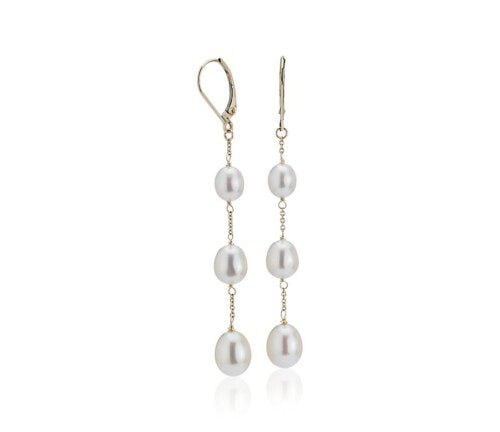 Freshwater Cultured Pearl Line Drop Earrings in 14k Yellow Gold.