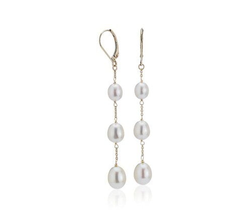 Freshwater Cultured Pearl Line Drop Earrings in 14k Yellow Gold.