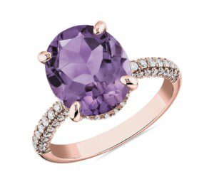 Oval Rose de France Amethyst Statement Ring in 14k Rose Gold.