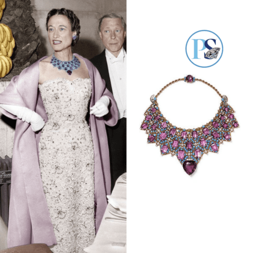 Wallis Simpson, the Duchess of Windsor, wearing her famous Cartier bib necklace set with amethyst and turquoise, created for her in 1947.