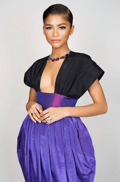 Zendaya in an low cut front dress, top black, wider bottom purple, in a colorful Bvlgari necklace
