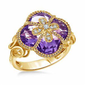 Clover Amethyst and Diamond Cocktail Ring in 14K Yellow Gold.