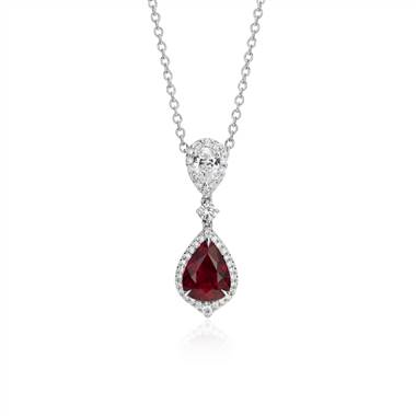 Pear Shape Ruby and Diamond Halo Drop Pendant in 18k White Gold.