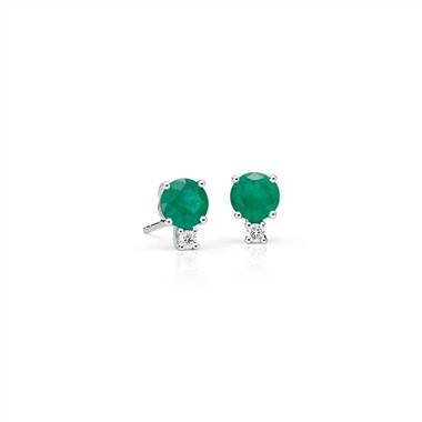 Emerald and Diamond Stud Earrings in 18k White Gold.