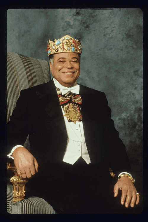 A portrait of James Earl Jones as King Joffer of Zamunda in his regailia