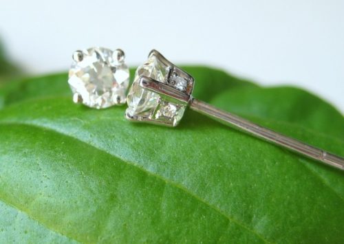 OEC “TWIN” STUDS WITH PEEKABOO DIAMONDS IN SETTING on a green leaf