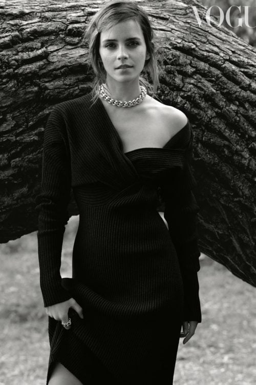 Black and white image of Emma Watson for British Vogue, chain necklace.