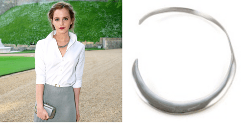 Emma Watson staning in what appears to be a gravel driveway in a grey skirt and a white button up shirt with a silver necklace. The side picture is just the Silver Mirian Necklace by Ana Khouri