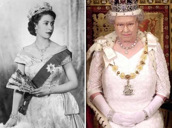 Two photos of Queen Elizabeth in her full regalia, one from the beginning of her reign and one from the last twenty years.