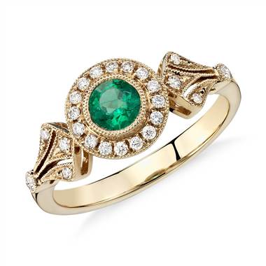 Emerald and Diamond Halo Vintage-Inspired Milgrain Ring in 14k Yellow Gold at Blue Nile.