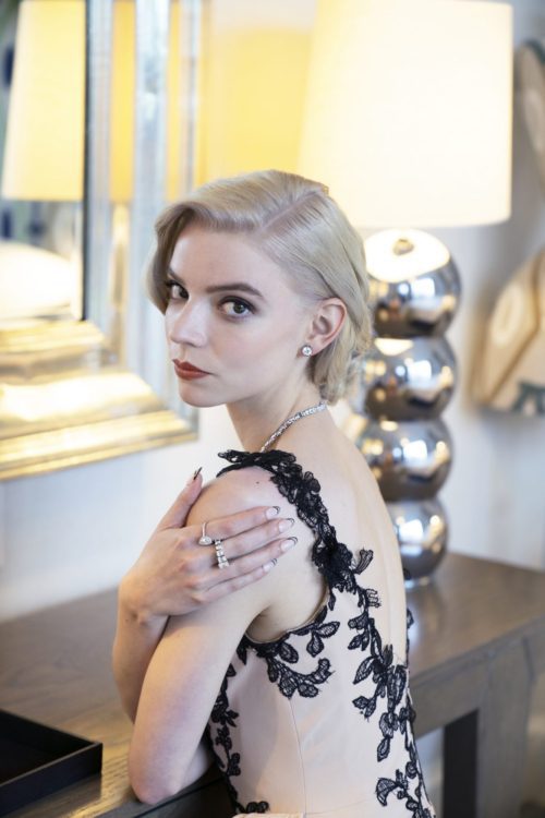 Anya Taylor-Joy in custom pink and black Vera Wang gown with Tiffany & Co. Jewelry