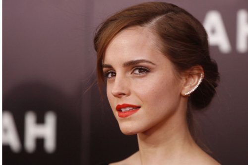 Emma Watson at the Noah Premiere, hair up, red lip, long ear cuff that lines the outside of her ear