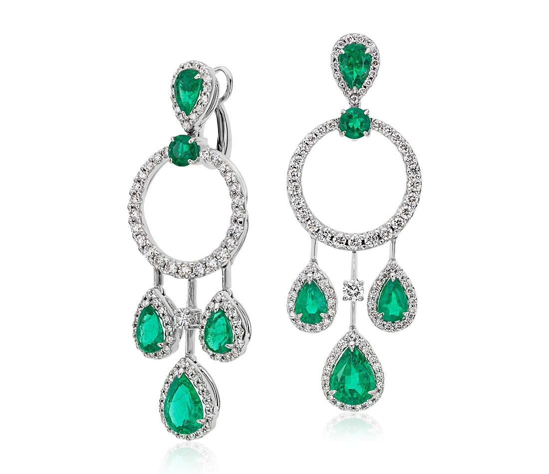 Pear Shape Emerald and Diamond Drop Earrings in 18k White Gold.