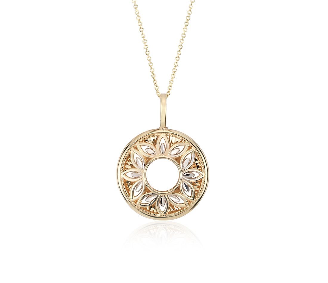 Floral Filigree Pendant in 14k Yellow and White Gold.