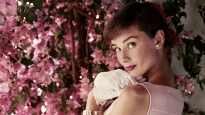 The background is pink flowers, Audrey is in a pink dress with white gloves.