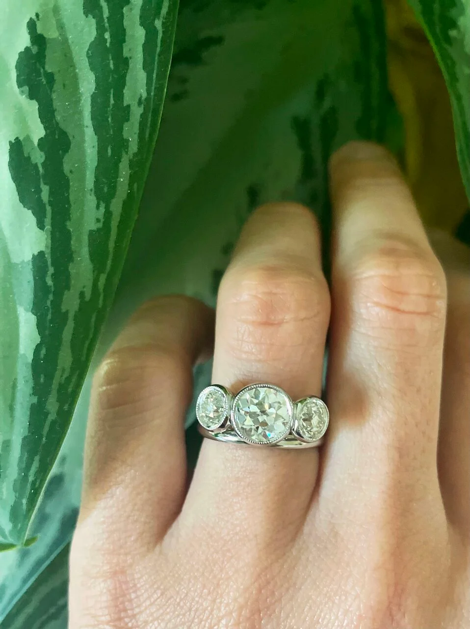 A hand on a green textured background with a three stone oec diamond ring.