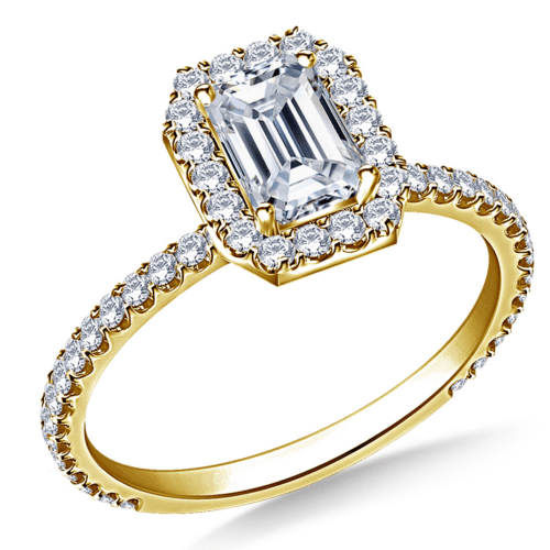 Emerald-Cut Diamond Halo Engagement Ring in 14K Yellow Gold.