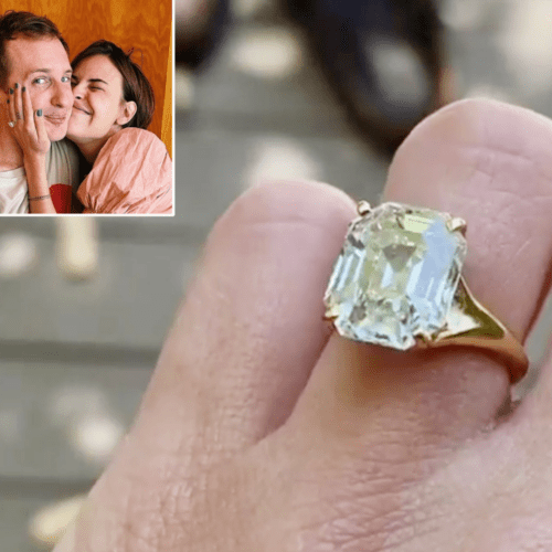 The emerald-cut dazzler on Tallulah's finger with a picture of the couple snuggling inset in the upper left corner.