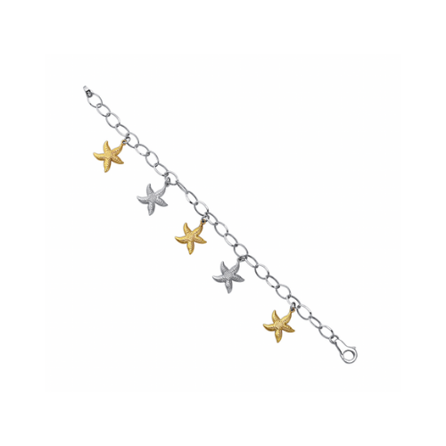 Star Fish Charm Link Bracelet in Sterling Silver And 14K Yellow Gold.