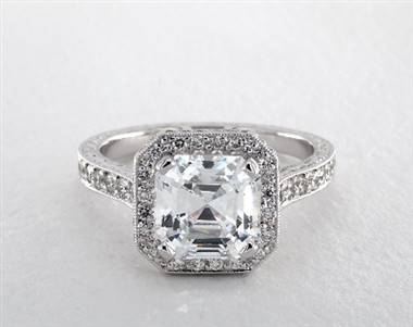 Asscher-Halo Milgrain Pave Engagement Ring in 14K White Gold from James Allen