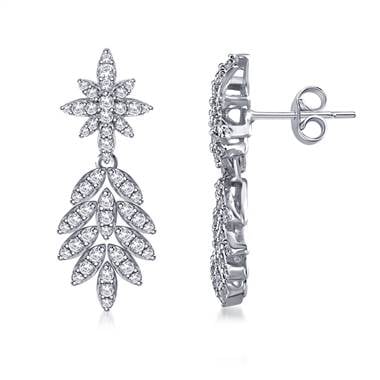 Dangling Leaf Drop Diamond Earrings in 14K White Gold.