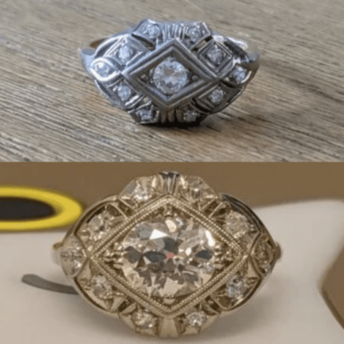 Art Deco ring with smaller diamonds on top in silver tone on a wooden table top, on the bottom is the new ring which has a similar art deco shape but the diamonds are larger and fill the space more fully. It is on a white table.