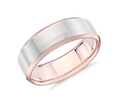 Brushed Beveled Edge Wedding Ring in 14k White and Rose Gold