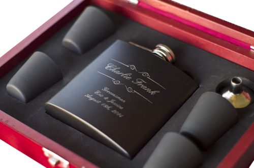Personalized Black Flask Gift Set, Polished Wood Box w/Gold Engraving