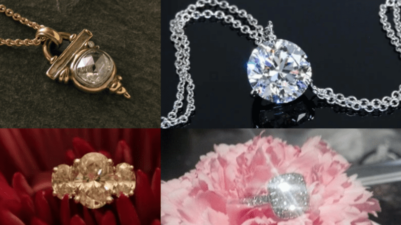 Upper left: gold pendant that is in art deco structure with rose-cut diamond, on chain, sitting on a dark background, upper right: a round brilliant diamond pendant on e a double chain against a black background, bottom left: oval three-stone ring on red flower petals, lower right: Cushion modified brilliant engagement ring sitting on a pink carnation, a large splash of light coming off of it. June 2021's Throwbacks