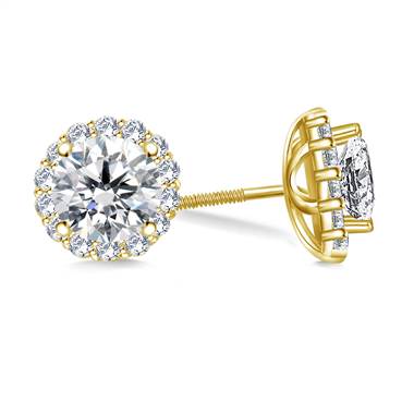 Halo Round Diamond Stud Earring in 14K Yellow Gold.