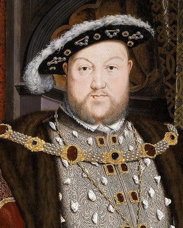 A painting of Henry the eighth, heavy set man in full regalia including pearls inlaid, black hat with white detailing. 