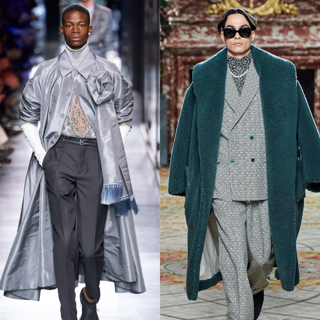 Silver cepedy flowing jacked with tailored grey pants, Dior runway Paris Fashion week, the young African American model is wearing a pearl stud earring. Casablanca runway show at Paris Fashion Week,grey suit, sunglasses, a long forest green duster with a pearl necklace