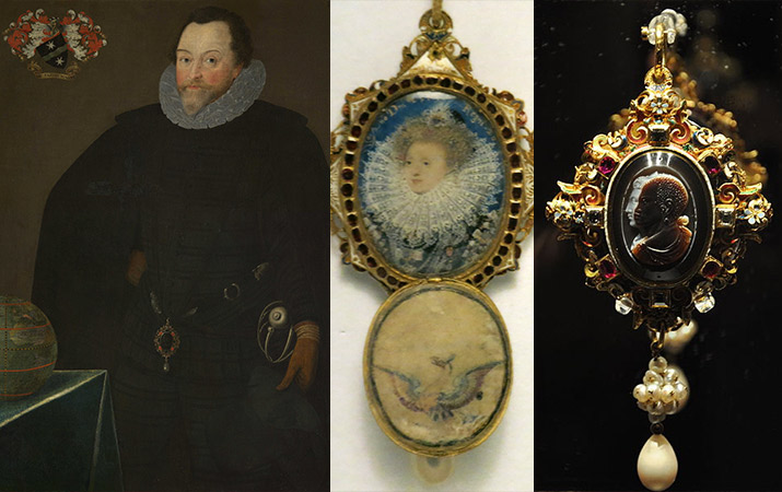 Painting of Sir Francis Drake, the miniature painting of Queen Elizabeth inside The Drake Jewel locket, The Drake Jewel: Jewelel double cameo locket with suspended pearl cluster and teardrop pearl.