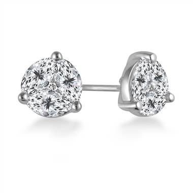 Prong Set Marquise And Round Diamond Stud Earrings in 18K White Gold.