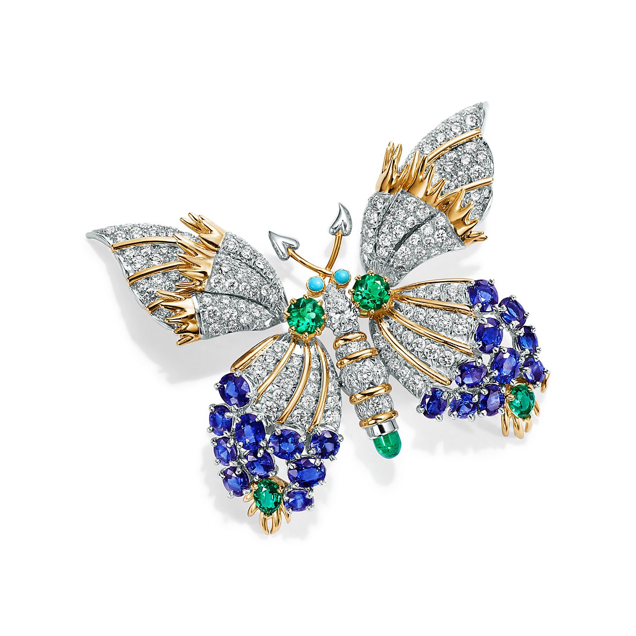 Butterfly Clip Brooch made of round and oval sapphires; round brilliant diamonds; round and pear-shaped emeralds; pear-shaped diamond; round turquoise cabochons.