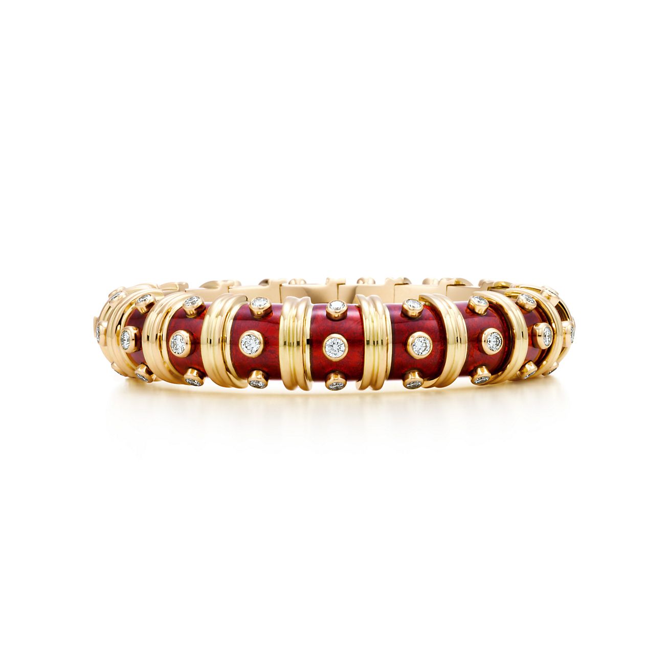 Narrow Bracelet in 18k gold with red enamel and round brilliant diamonds.