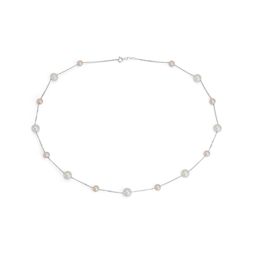 Pink and White Freshwater Cultured Pearl Stationed Necklace in 14k White Gold.