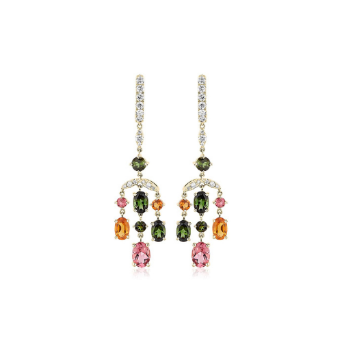 Tourmaline and Citrine Diamond Chandelier Earrings in 14k Yellow Gold.