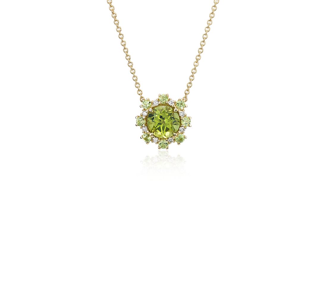 Peridot Pendant with Peridot and Diamond Halo in 14k Yellow Gold.