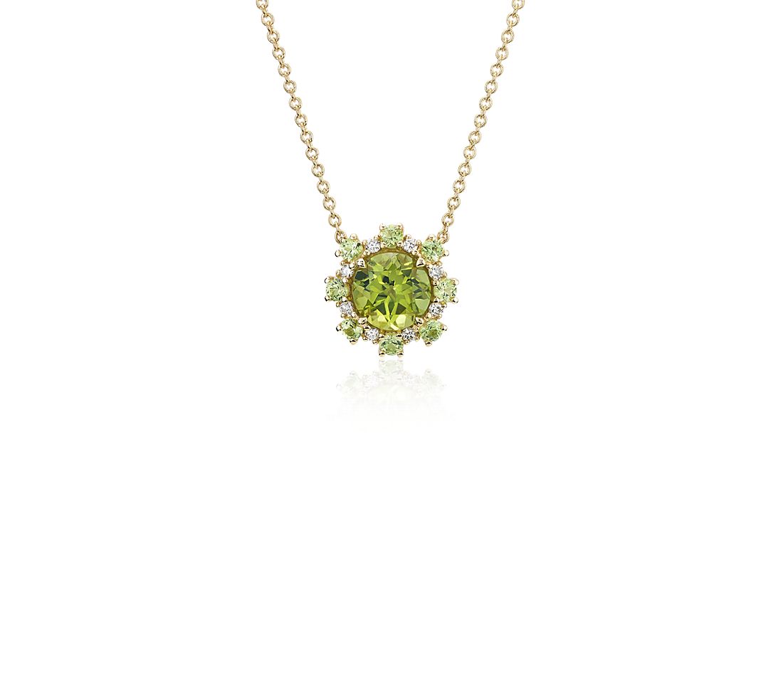 Peridot Pendant with Peridot and Diamond Halo in 14k Yellow Gold.