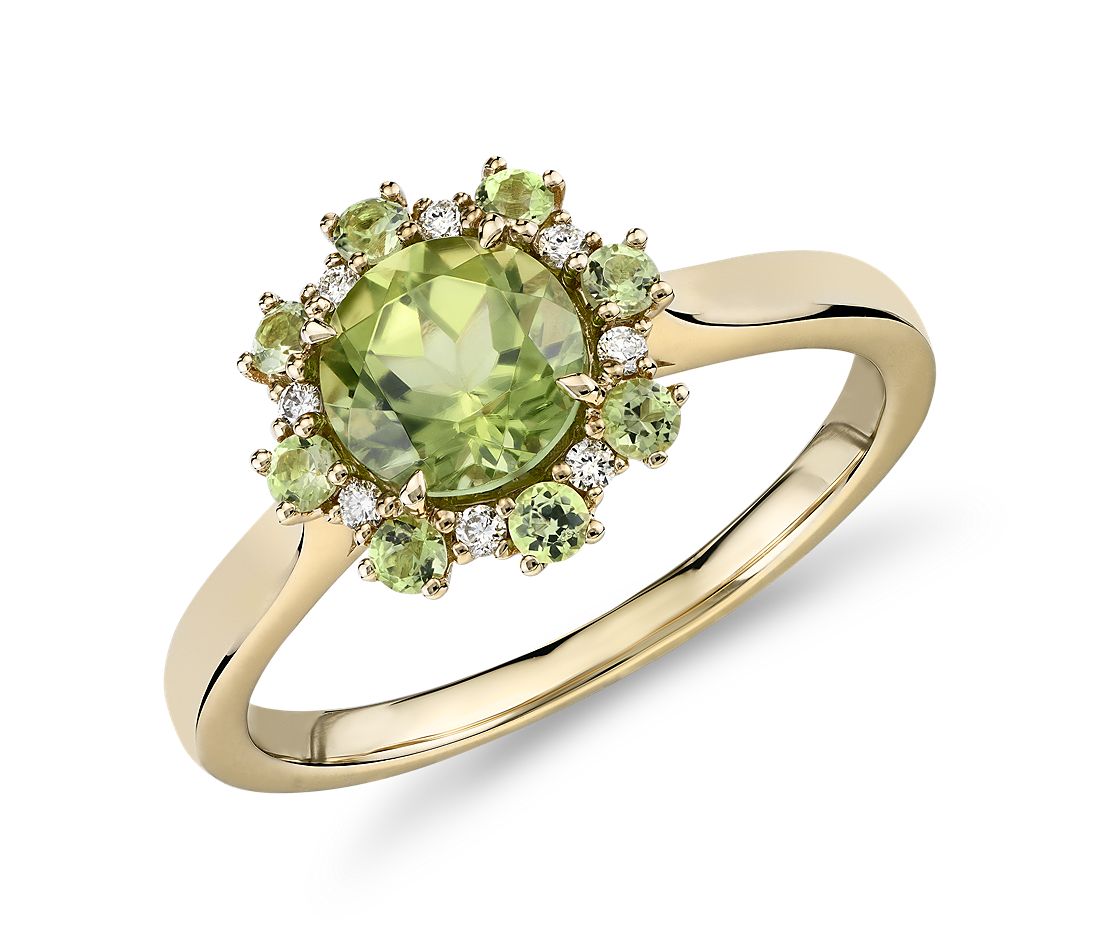 Peridot Ring with Peridot and Diamond Halo in 14k Yellow Gold.