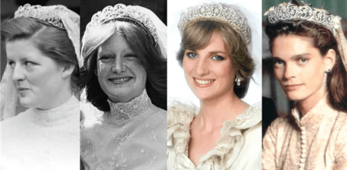 4 pictures side by side the first two are black and white the second two are in color. All brides all wearing the Spencer tiara with their veils. The 2nd from left is Diana, Princess of Wales.