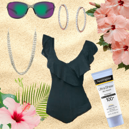 Sand background with a ruffled dark forest green swimsuit, raimbowy sunglasses, gold necklace, inside out diamond hoop earrings, Neutrogena sunscreen, and pink hibiscus in 2 corners